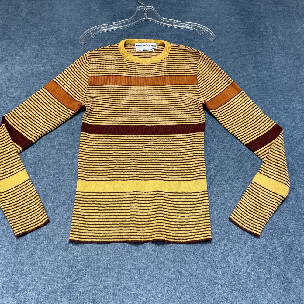 Authentic Sweater Womens S/M Yellow Brown Striped Knitted Crew Neck Long Sleeve